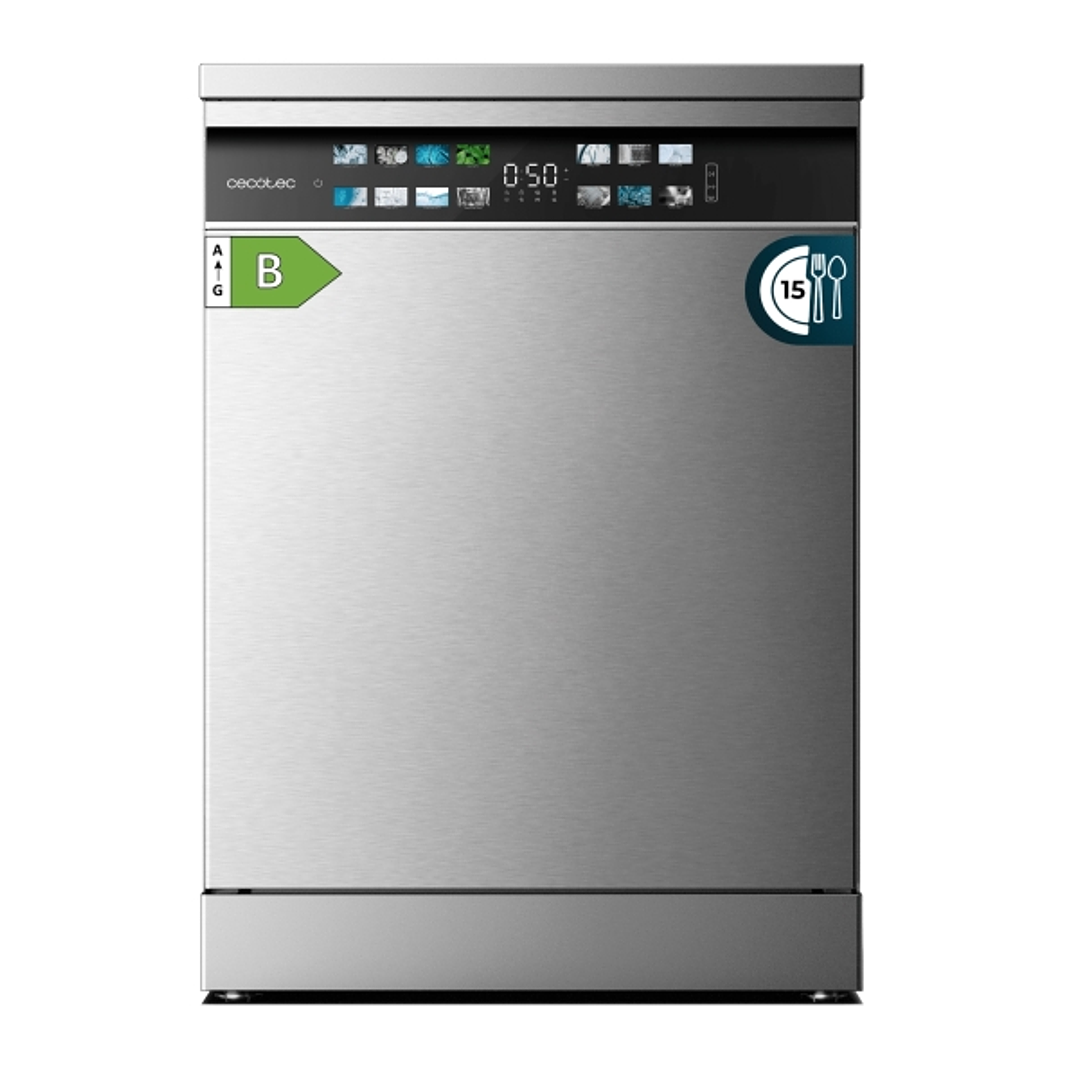 Cecotec Bolero Aguazero 6700 Inox B Lavavajillas de 60cm - 15 Cubiertos - Seguro Infantil - Pantalla XXL - 8 Programas - Motor Inverter - Inicio Progr 1