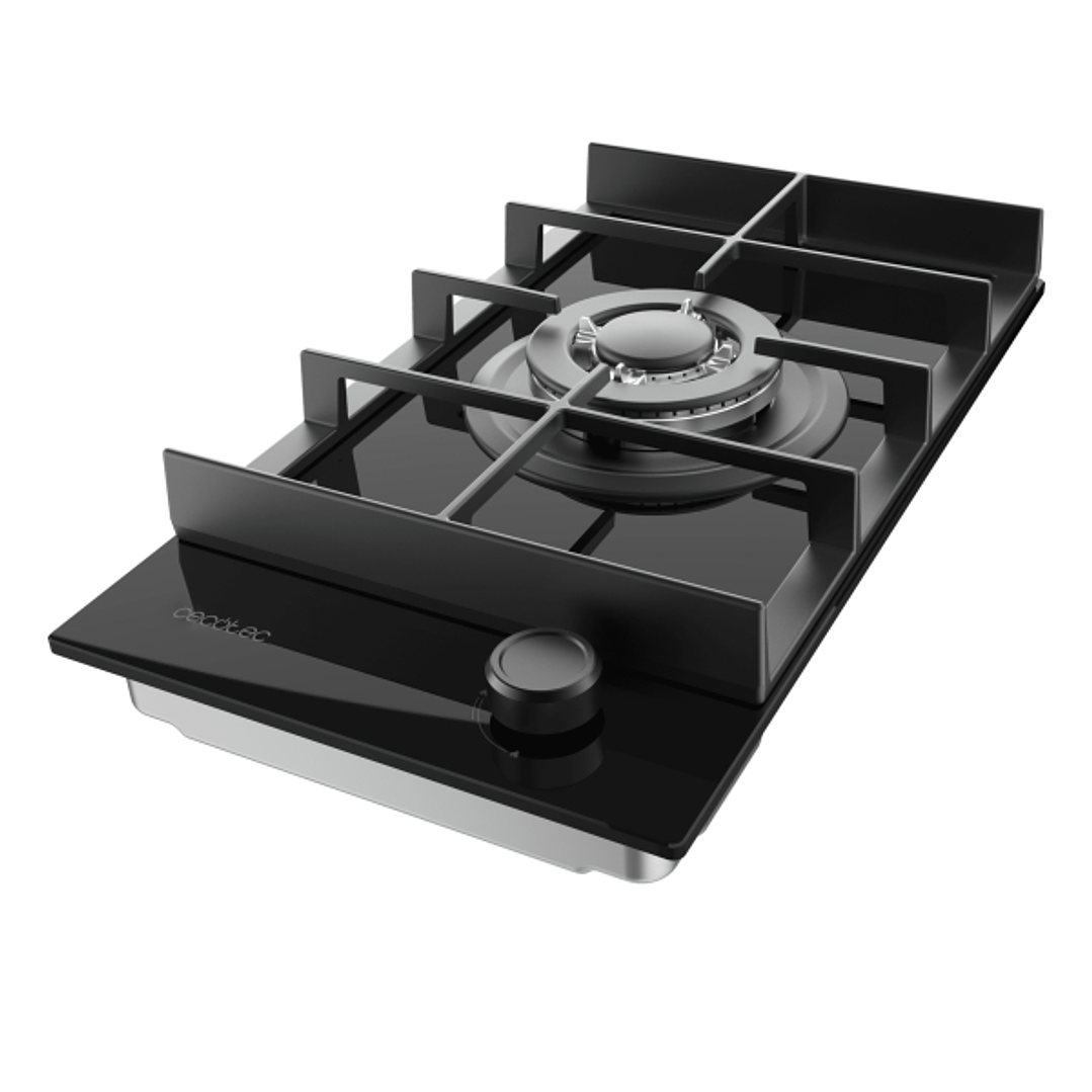 Cecotec Bolero Squad G 1400F Glass Black Cocina de Gas Encastrable - 1 Quemador - Acabado en Cristal Negro - 3.4kW - Parrillas de Hierro Fundido - Wok 1