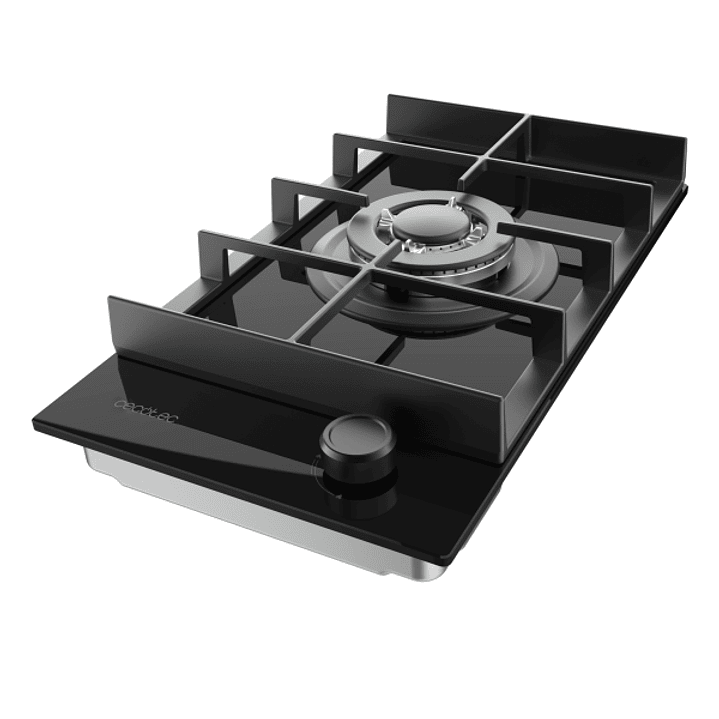 Cecotec Bolero Squad G 1400F Glass Black Cocina de Gas Encastrable - 1 Quemador - Acabado en Cristal Negro - 3.4kW - Parrillas de Hierro Fundido - Wok 1