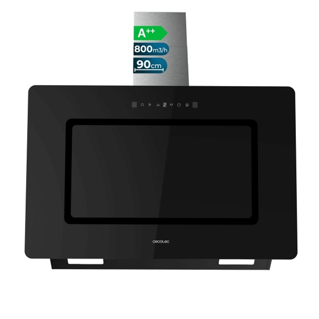 Cecotec Bolero Flux DT 908002 Glass Black A++ Campana Extractora de 90cm - 210W - Succion 800m3/h - Luz LED - Pantalla LED - Incluye Accesorios - Filt 1