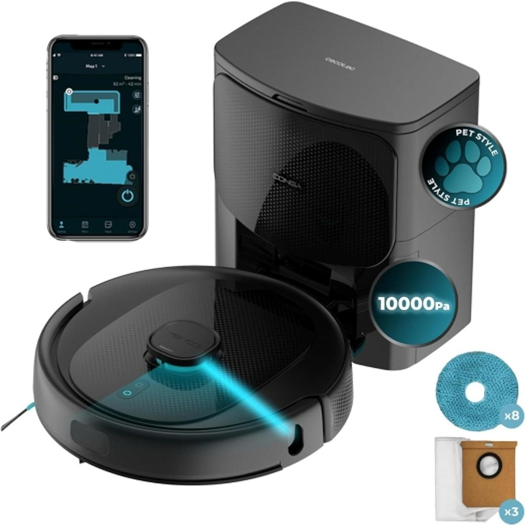 Cecotec Conga 9590 Spin Revolution Ultra Power Home Robot Aspirador con Base de Autovaciado - Autonomia 240min - 10.000Pa - Bateria 5200mAh - Deposito 1