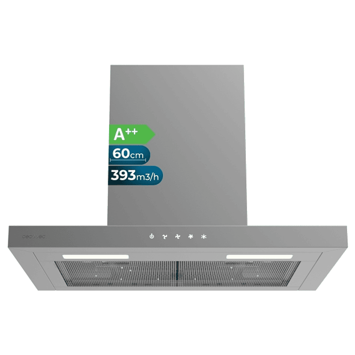 Cecotec Bolero Flux TT 604000 Inox A++ Campana Extractora de 60cm - Succion 393m3/h - Luz LED - Filtros Aptos para Lavavajillas - Varias Velocidades - 1