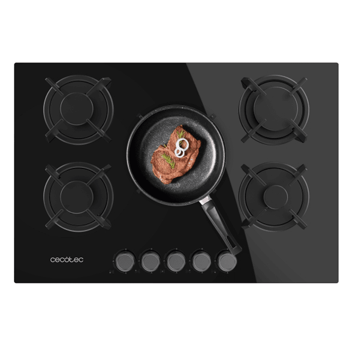 Cecotec Bolero Squad G 5200S Glass Black Cocina de Gas Encastrable - 5 Quemadores - Acabado en Cristal Negro - 11kW - Parrillas de Hierro Fundido - In 1