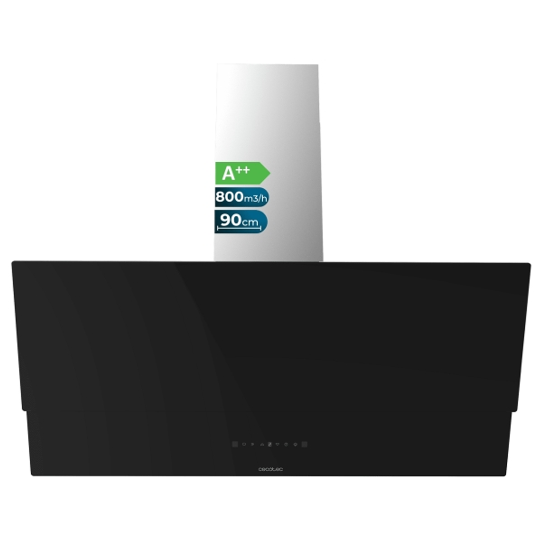 Cecotec Bolero Flux DT 908001 Glass Black A++ Campana Extractora de 90cm - 210W - Succion 800m3/h - Luz LED - Pantalla LED - Incluye Accesorios - Filt 1