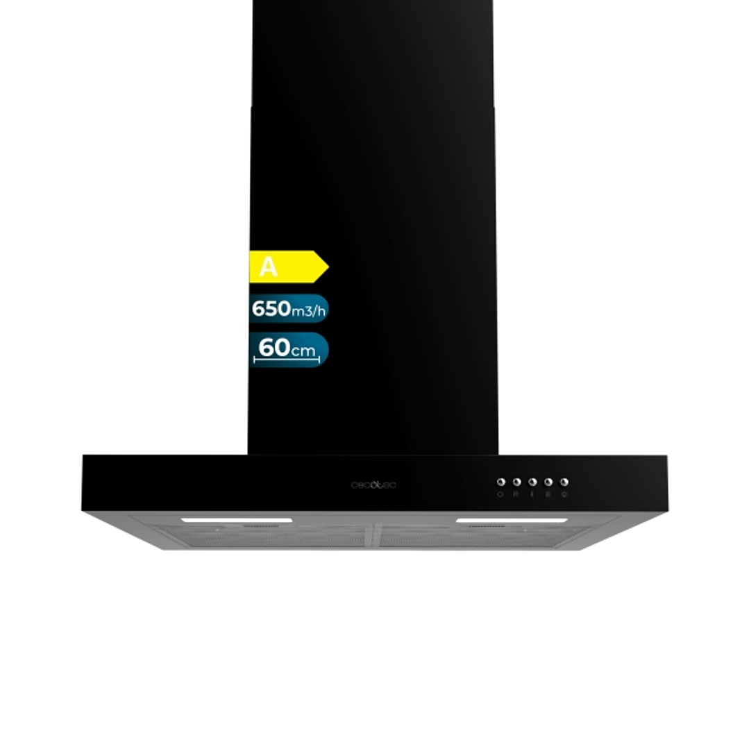 Cecotec Bolero Flux TM 606500 Black A Campana Extractora de 60cm - 165W - Succion 650m3/h - Luz LED - Incluye Accesorios - Kit de Montaje - Filtros de 1