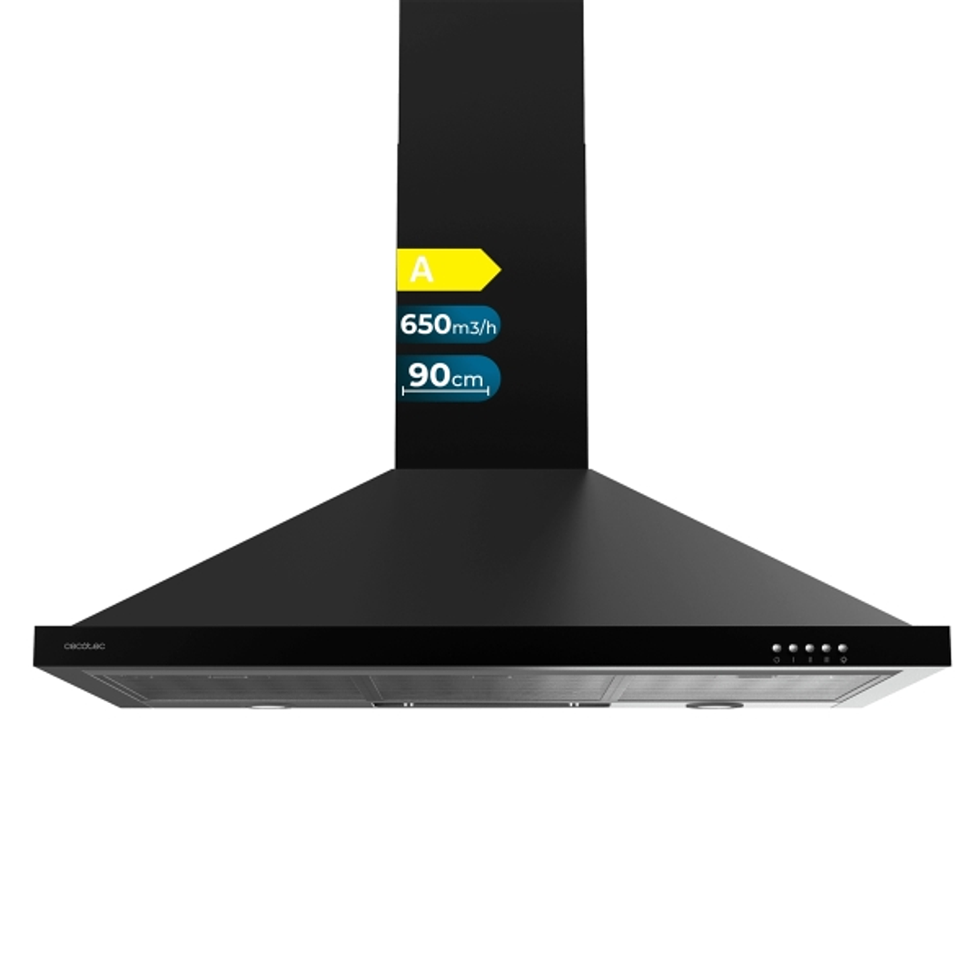 Cecotec Bolero Flux PM 906500 Black A Campana Extractora de 90cm - 165W - Succion 650m3/h - Luz LED - Incluye Accesorios - Kit de Montaje - Filtros de 1