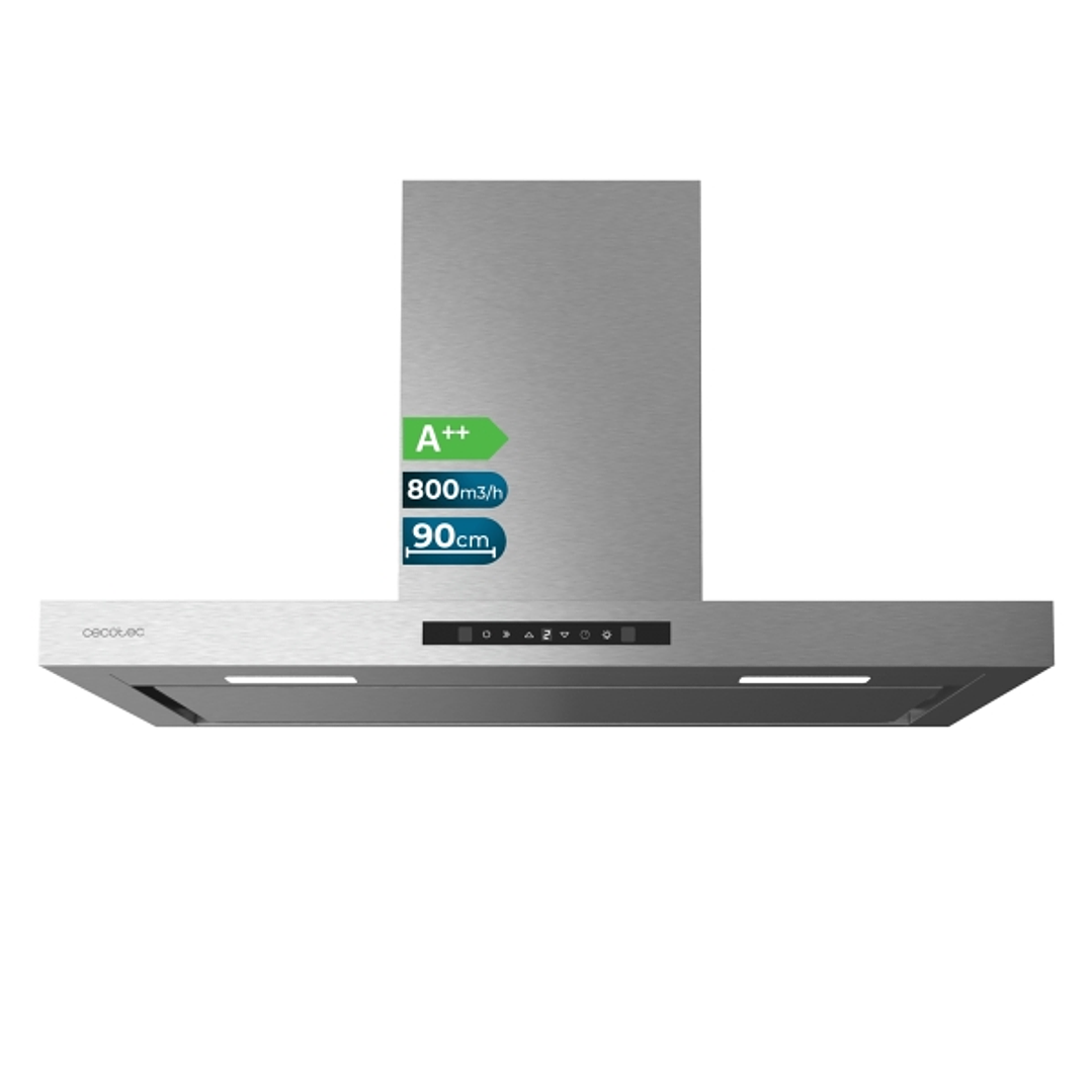 Cecotec Bolero Flux TT 908000 Slim Glass Black A++ Campana Extractora de 90cm - 210W - Succion 800m3/h - Luz LED - Pantalla LED - Incluye Accesorios - 1