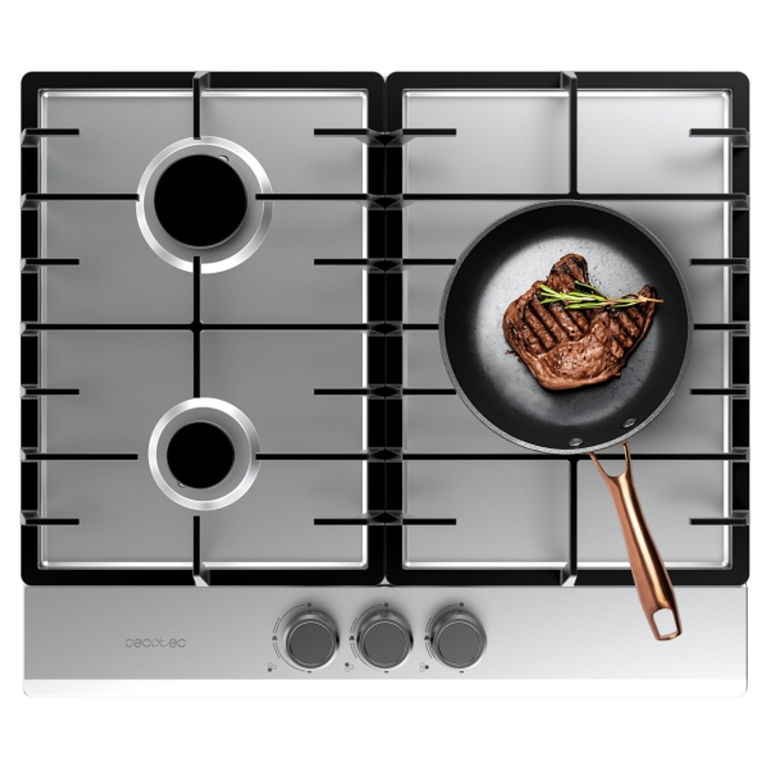 Cecotec Bolero Squad G 3200F Inox Cocina de Gas Encastrable - 3 Quemadores - Acero Inoxidable - 6.25kW - Parrillas de Hierro Fundido - Inyector Conver 1