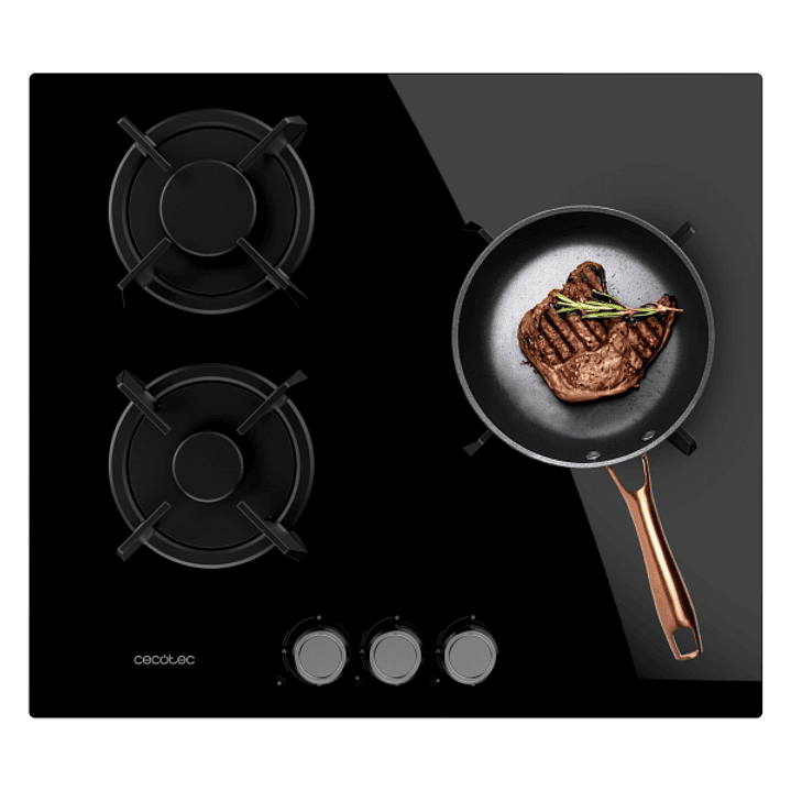 Cecotec Bolero Squad G 3200S Glass Black Cocina de Gas Encastrable - 3 Quemadores - Acabado en Cristal Negro - 6.25kW - Parrillas de Hierro Fundido -  1