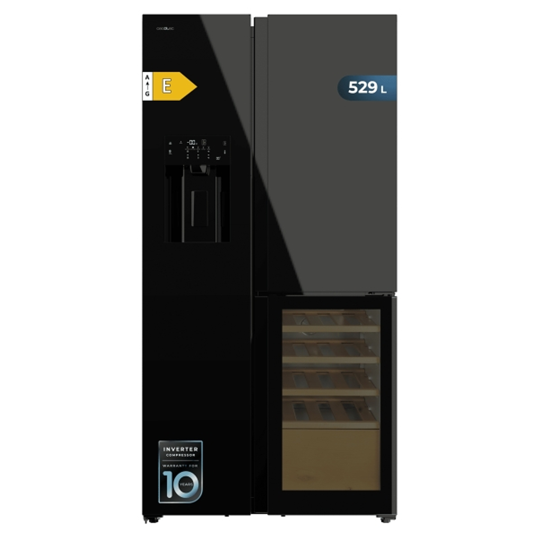 Cecotec Bolero CoolMarket TDW 529 WID Black Glass E Frigorifico Americano con Vinoteca - 529L - Compresor Inverter - Modo Vacaciones - Puerta de Crist 1