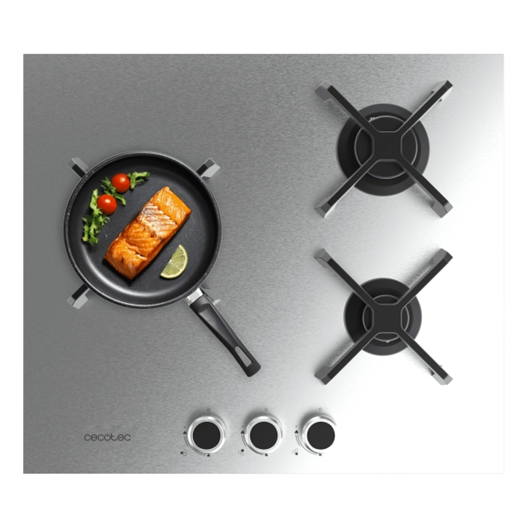 Cecotec Bolero Squad G 3400S Inox Cocina de Gas Encastrable - 3 Quemadores - Acero Inoxidable - 6.2kW - Parrillas de Hierro Fundido - Wok de Triple Co 1