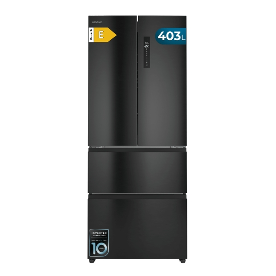 Cecotec Bolero CoolMarket F2D 403 Dark E Frigorifico Puerta Francesa de 4 Puertas - Capacidad 403L - Luz LED - Pantalla Digital - Compresor Inverter - 1