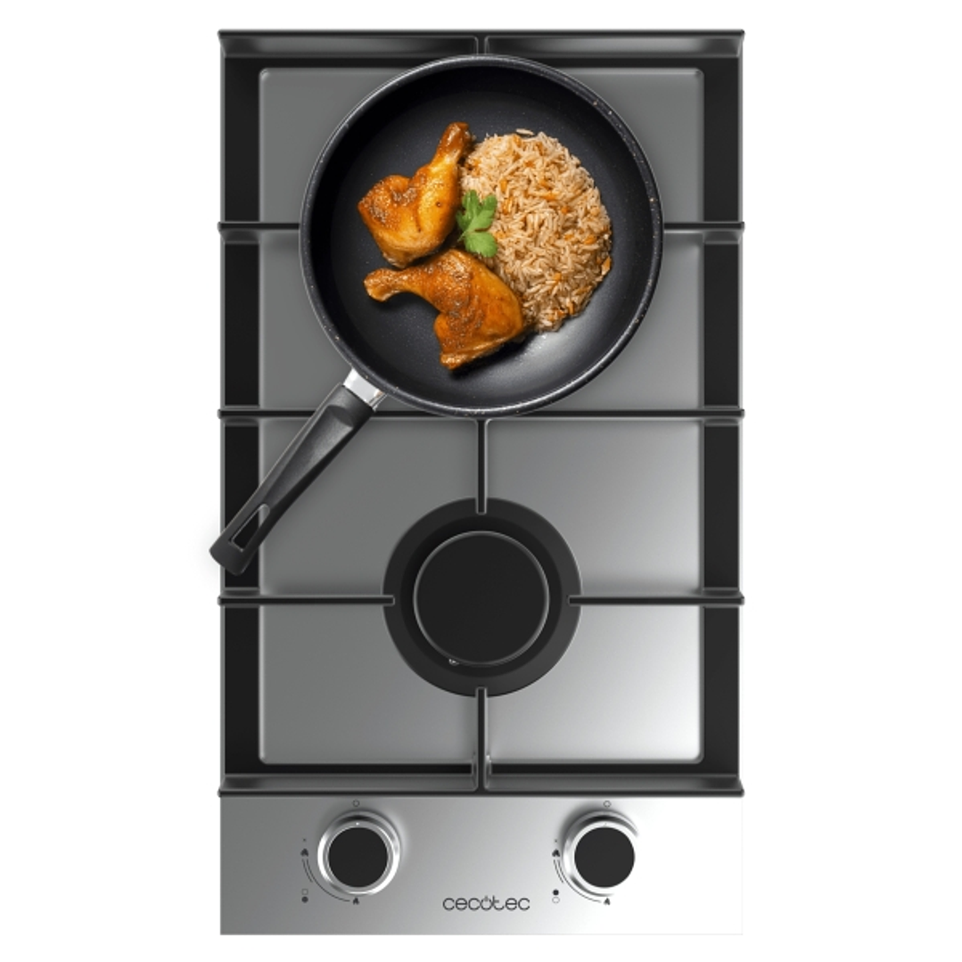 Cecotec Bolero Squad G 2400F Inox Cocina de Gas Encastrable - 2 Quemadores - Acero Inoxidable - 5.2kW - Parrillas de Hierro Fundido - Wok de Triple Co 1