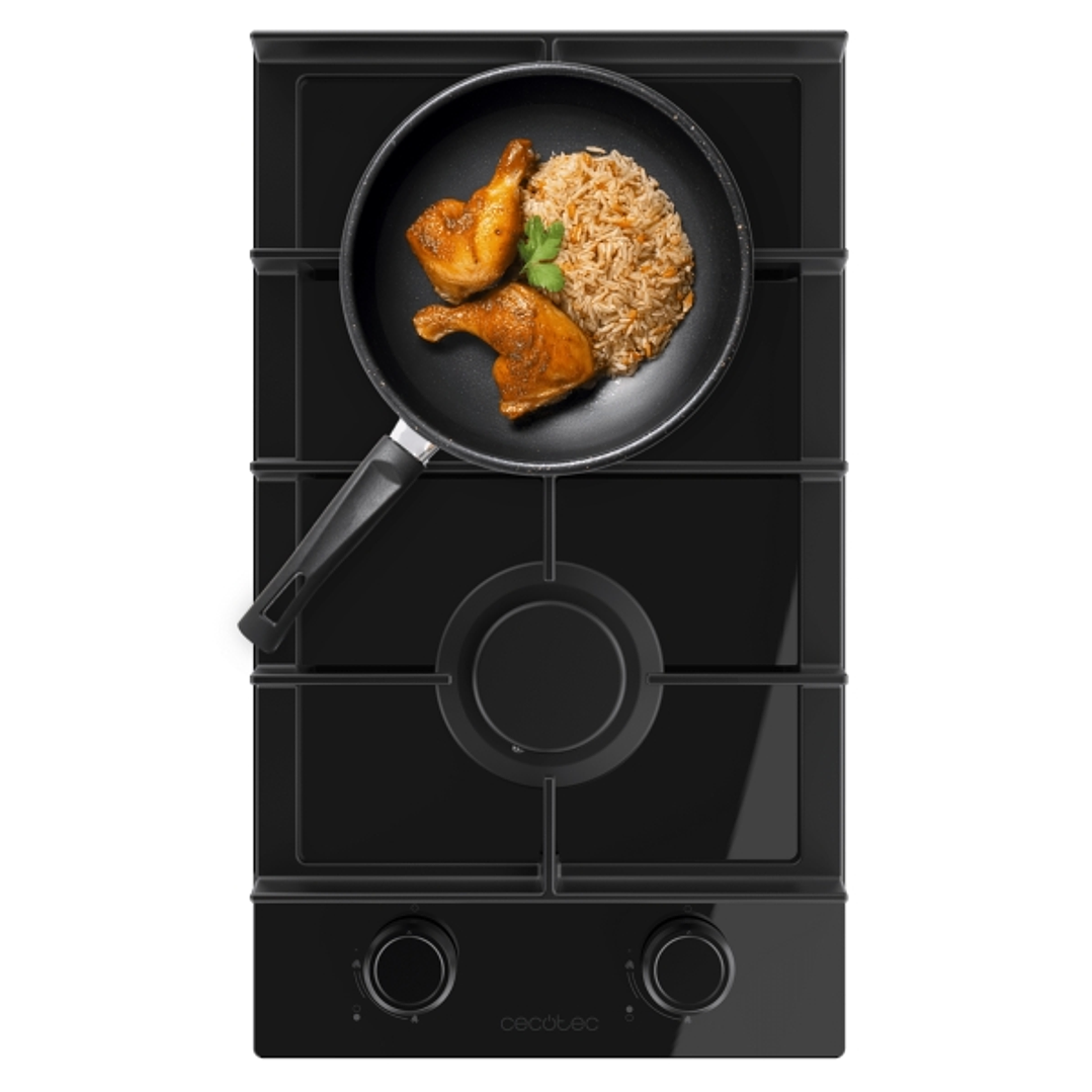 Cecotec Bolero Squad G 2400F Glass Black Cocina de Gas Encastrable - 2 Quemadores - Acabado en Cristal Negro - 5.2kW - Parrillas de Hierro Fundido - W 1
