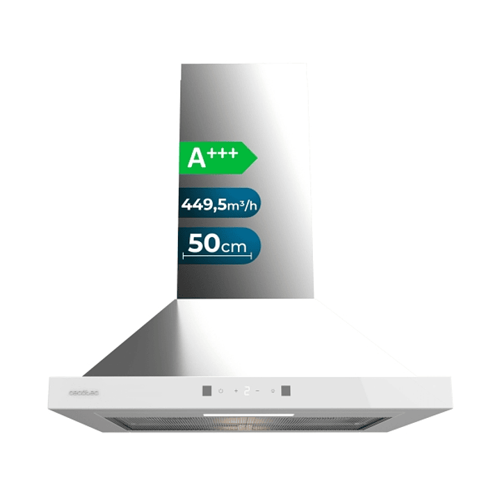Cecotec Bolero Flux PT 504400 Inox A++ Campana Extractora de 50cm - Succion 449.5m3/h - Luz LED - Pantalla LED - Acero Inoxidable - Filtros Aptos para 1