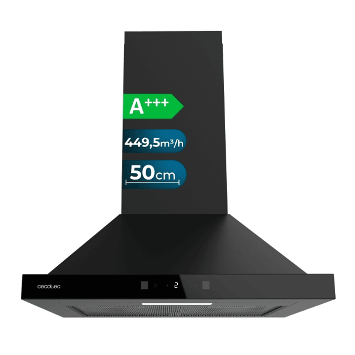Cecotec Bolero Flux PT 504400 Black A++ Campana Extractora de 50cm - Succion 449.5m3/h - Luz LED - Pantalla LED - Filtros Aptos para Lavavajillas - Fi 1