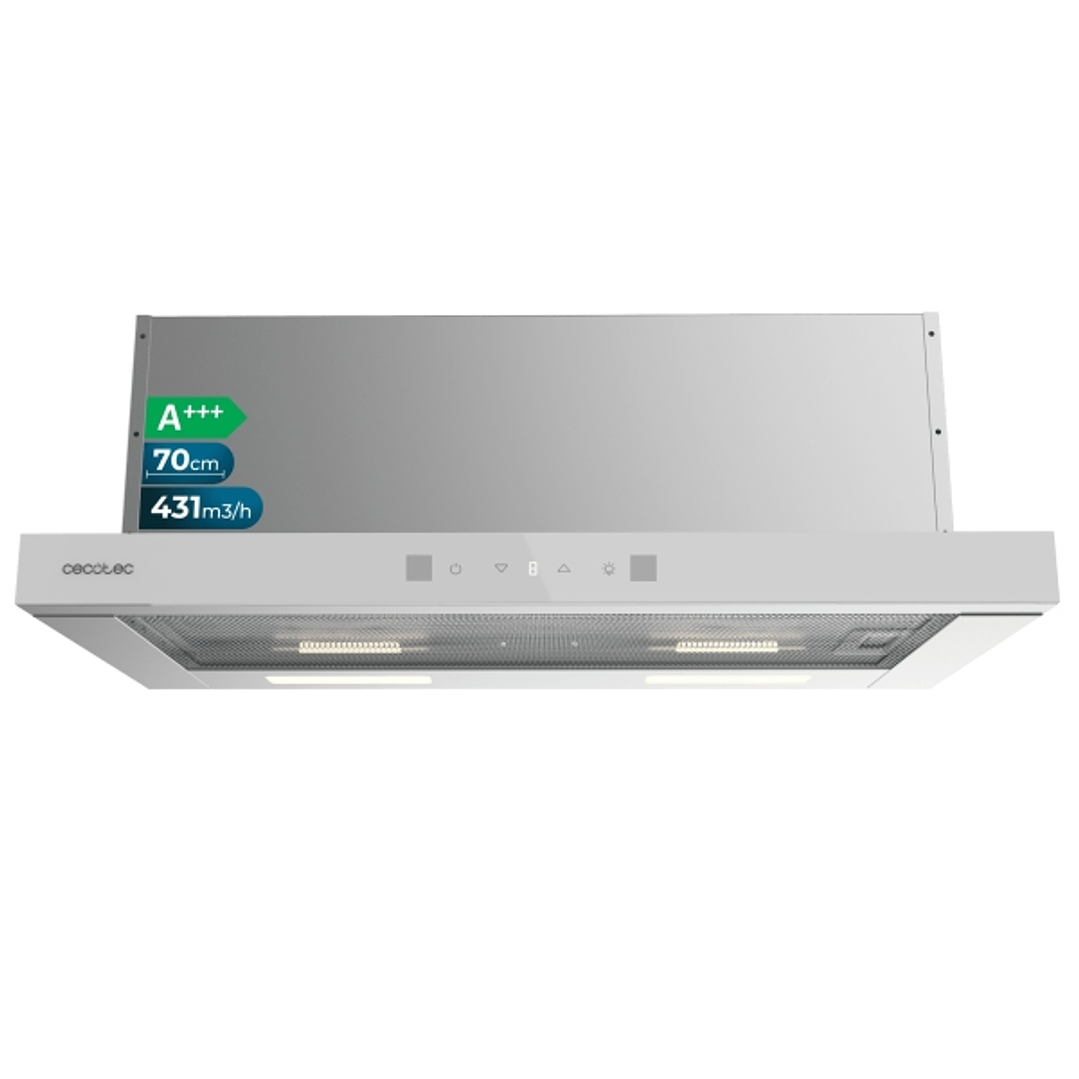 Cecotec Bolero Flux TLT 704400 Glass White A+++ Campana Extractora Telescopica de 70cm - 431.2m3/h - LED - Pantalla - Acero Inoxidable - Filtros Aptos 1