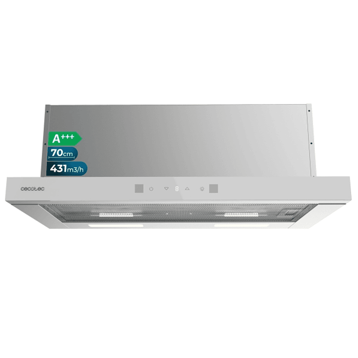 Cecotec Bolero Flux TLT 704400 Glass White A+++ Campana Extractora Telescopica de 70cm - 431.2m3/h - LED - Pantalla - Acero Inoxidable - Filtros Aptos 1