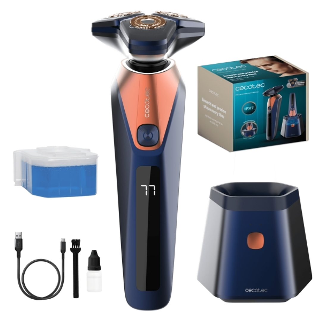 Cecotec PrecisionCare Saphire Pro Afeitadora Rotativa con Base Autolimpieza - Autonomia hasta 90min - Cuchillas de Titanio - Varias Velocidades - Liqu 1