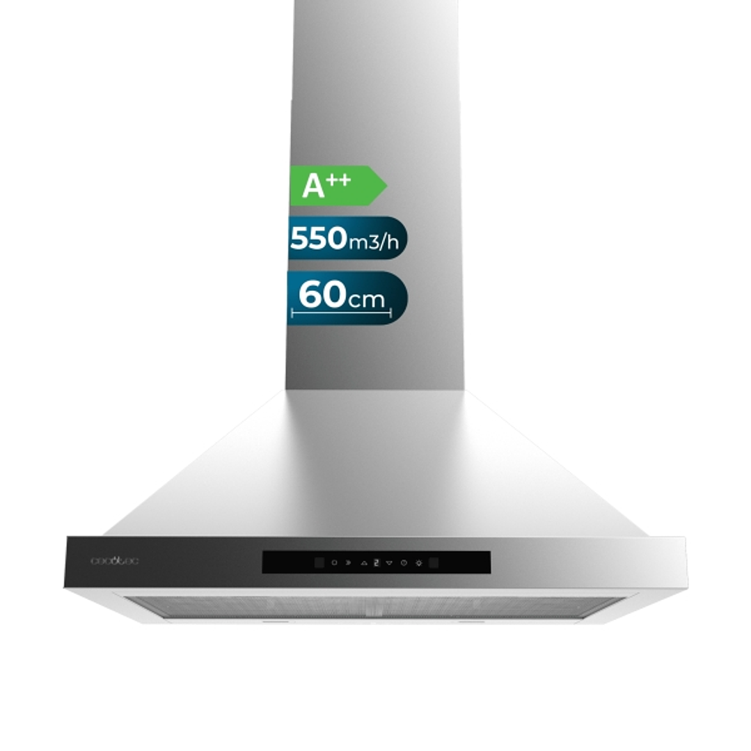 Cecotec Bolero Flux PT 605500 Inox A++ Campana Extractora de 60cm - 70W - Succion 550m3/h - Luz LED - Pantalla LED - Incluye Accesorios - Acero Inoxid 1