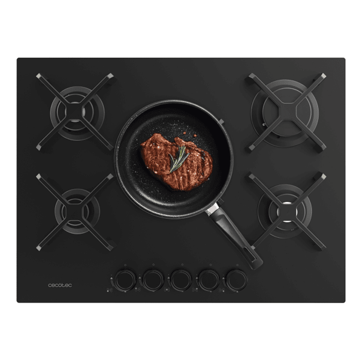Cecotec Bolero Squad G 5400S Nano Glass Cocina de Gas Encastrable - 5 Quemadores - Acabado en Cristal Negro - 10.4kW - Parrillas de Hierro Fundido - W 1