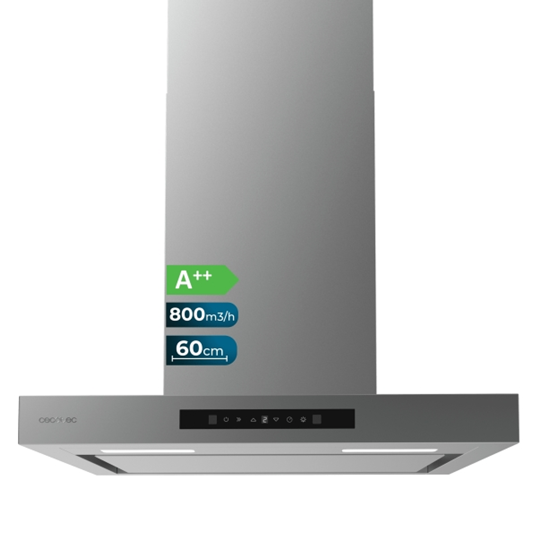 Cecotec Bolero Flux TT 608000 Slim Glass Black A++ Campana Extractora de 60cm - 210W - Succion 800m3/h - Luz LED - Pantalla LED - Incluye Accesorios - 1