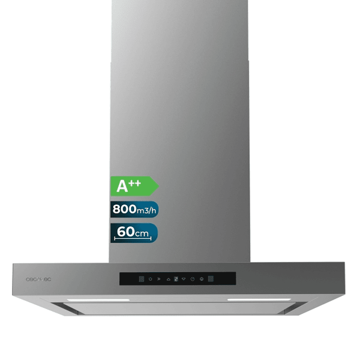 Cecotec Bolero Flux TT 608000 Slim Glass Black A++ Campana Extractora de 60cm - 210W - Succion 800m3/h - Luz LED - Pantalla LED - Incluye Accesorios - 1