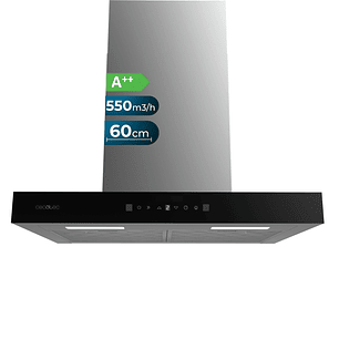Cecotec Bolero Flux TT 605500 Glass Black A++ Campana Extractora de 60cm - 70W - Succion 550m3/h - Luz LED - Pantalla LED - Incluye Accesorios - Filtr