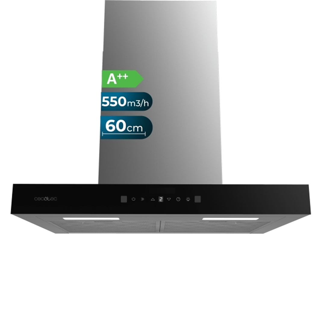 Cecotec Bolero Flux TT 605500 Glass Black A++ Campana Extractora de 60cm - 70W - Succion 550m3/h - Luz LED - Pantalla LED - Incluye Accesorios - Filtr 1