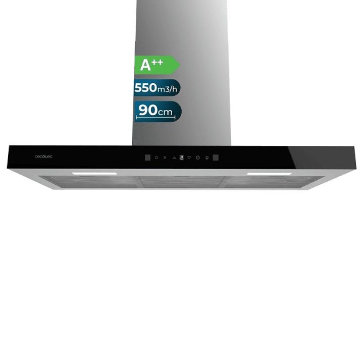 Cecotec Bolero Flux TT 905500 Glass Black A++ Campana Extractora de 90cm - 70W - Succion 550m3/h - Luz LED - Pantalla LED - Incluye Accesorios - Filtr 1