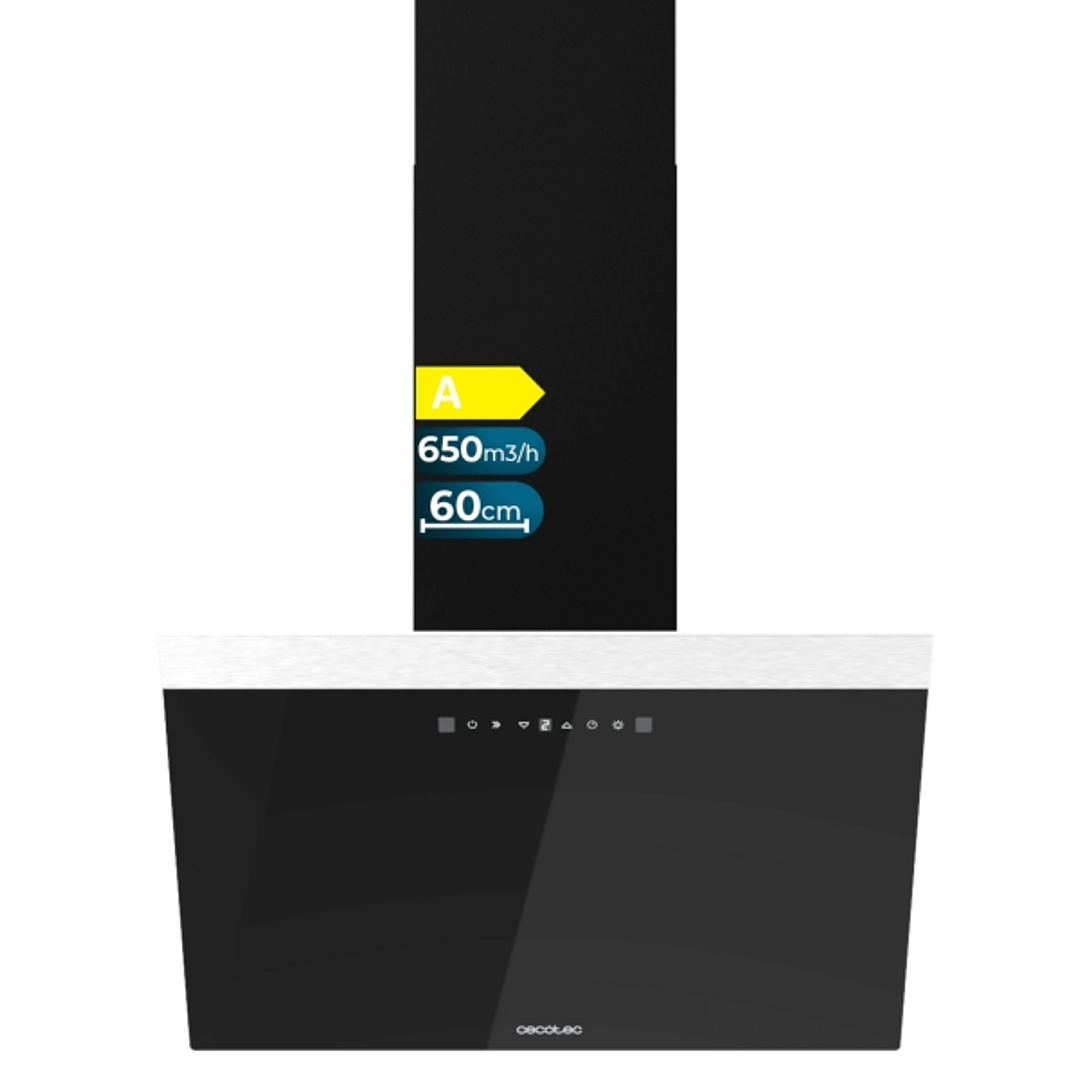 Cecotec Bolero Flux DT 606500 Glass Black A Campana Extractora de 60cm - 165W - Succion 650m3/h - Luz LED - Pantalla LED - Incluye Accesorios - Filtro 1