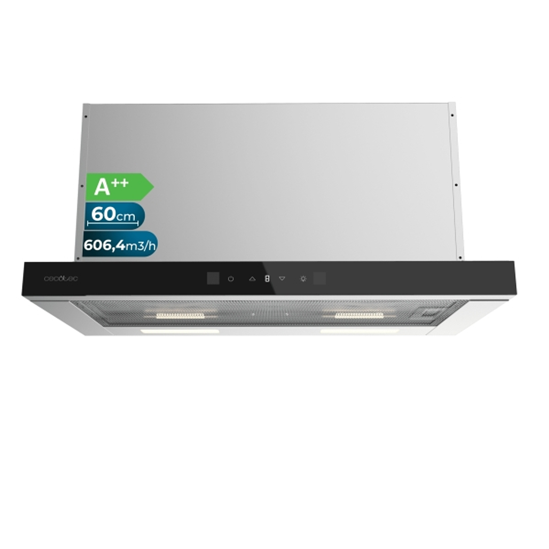 Cecotec Bolero Flux TLT 605501 Glass Black A++ Campana Extractora de 60cm - 606.4m3/h - Luz LED - Pantalla LED - Acero Inoxidable - Filtros Aptos para 1