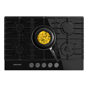 Cecotec Bolero Squad G 5200F Glass Black Cocina de Gas Encastrable - 5 Quemadores - Acabado en Cristal Negro - 11kW - Parrillas de Hierro Fundido - In