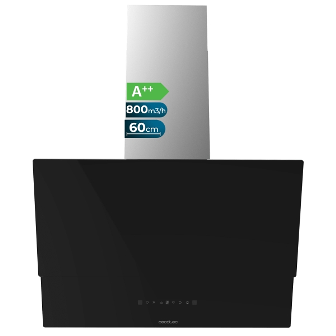 Cecotec Bolero Flux DT 608001 Glass Black A++ Campana Extractora de 60cm - 210W - Succion 800m3/h - Luz LED - Pantalla LED - Incluye Accesorios - Filt 1