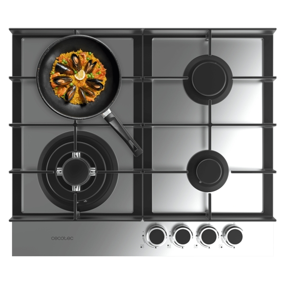 Cecotec Bolero Squad G 4400F Inox Cocina de Gas Encastrable - 4 Quemadores - Acero Inoxidable - 8kW - Parrillas de Hierro Fundido - Wok de Triple Coro 1