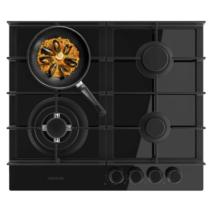 Cecotec Bolero Squad G 4400F Glass Black Cocina de Gas Encastrable - 4 Quemadores - Acabado en Cristal Negro - 8kW - Parrillas de Hierro Fundido - Wok 1