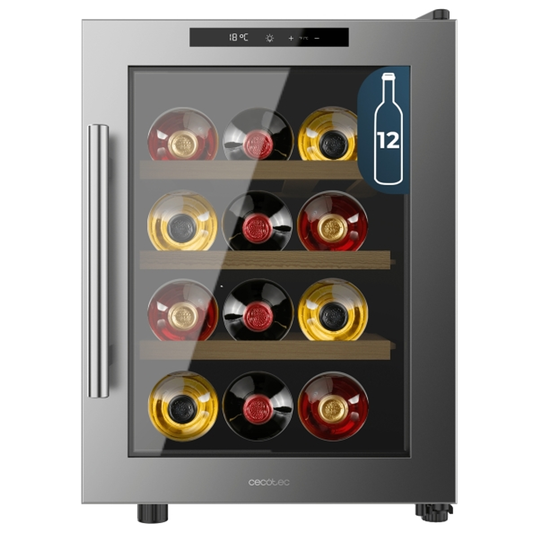 Cecotec Bolero GrandSommelier 1255 CoolWood Vinoteca para 12 Botellas - Silencioso 35dB - Luz LED - Pantalla LED - Temperatura Regulable - Acero Inoxi 1