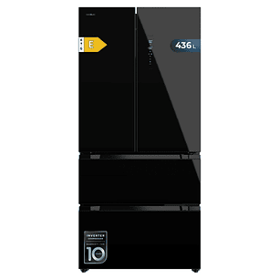 Cecotec Bolero CoolMarket FD 436 Black Glass E Frigorifico Puerta Francesa de 4 Puertas - 463L - Compresor Inverter - Modo Vacaciones - Puerta de Cris