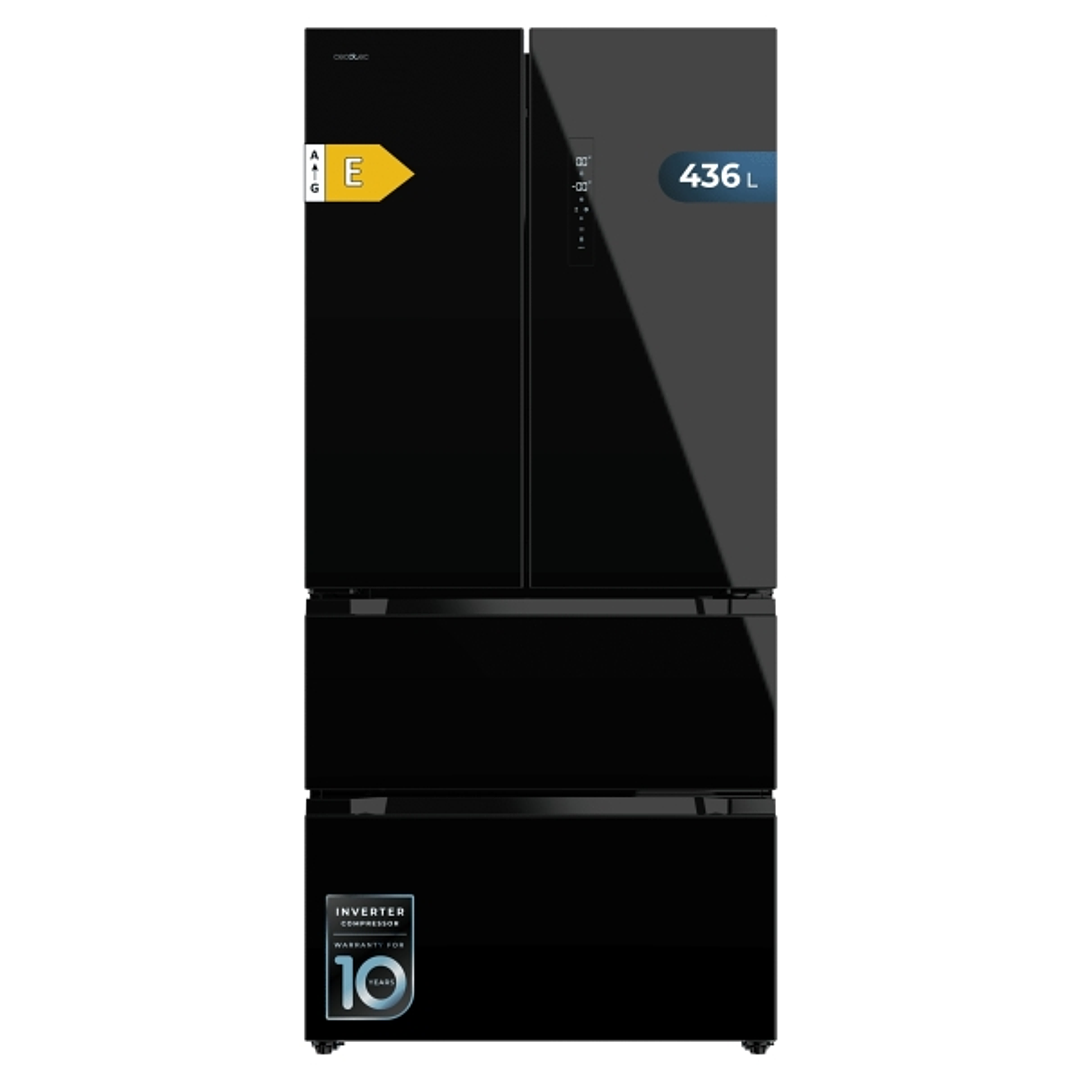 Cecotec Bolero CoolMarket FD 436 Black Glass E Frigorifico Puerta Francesa de 4 Puertas - 463L - Compresor Inverter - Modo Vacaciones - Puerta de Cris 1