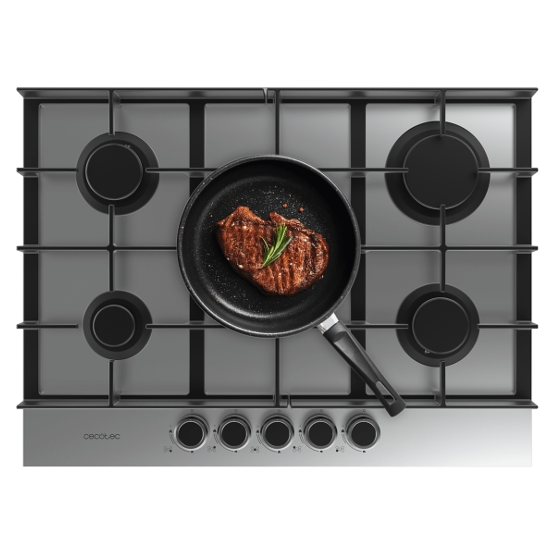 Cecotec Bolero Squad G 5400F Inox Cocina de Gas Encastrable - 5 Quemadores - Acero Inoxidable - 10.4kW - Parrillas de Hierro Fundido - Wok de Triple C 1