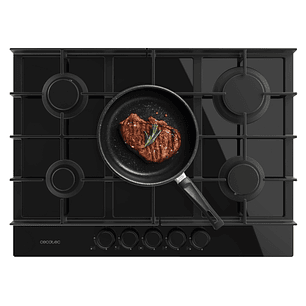 Cecotec Bolero Squad G 5400F Glass Black Cocina de Gas Encastrable - 5 Quemadores - Acabado en Cristal Negro - 10.4kW - Parrillas de Hierro Fundido - 