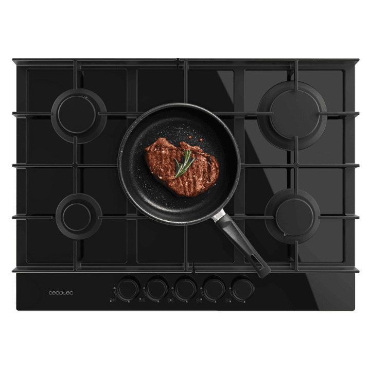 Cecotec Bolero Squad G 5400F Glass Black Cocina de Gas Encastrable - 5 Quemadores - Acabado en Cristal Negro - 10.4kW - Parrillas de Hierro Fundido -  1