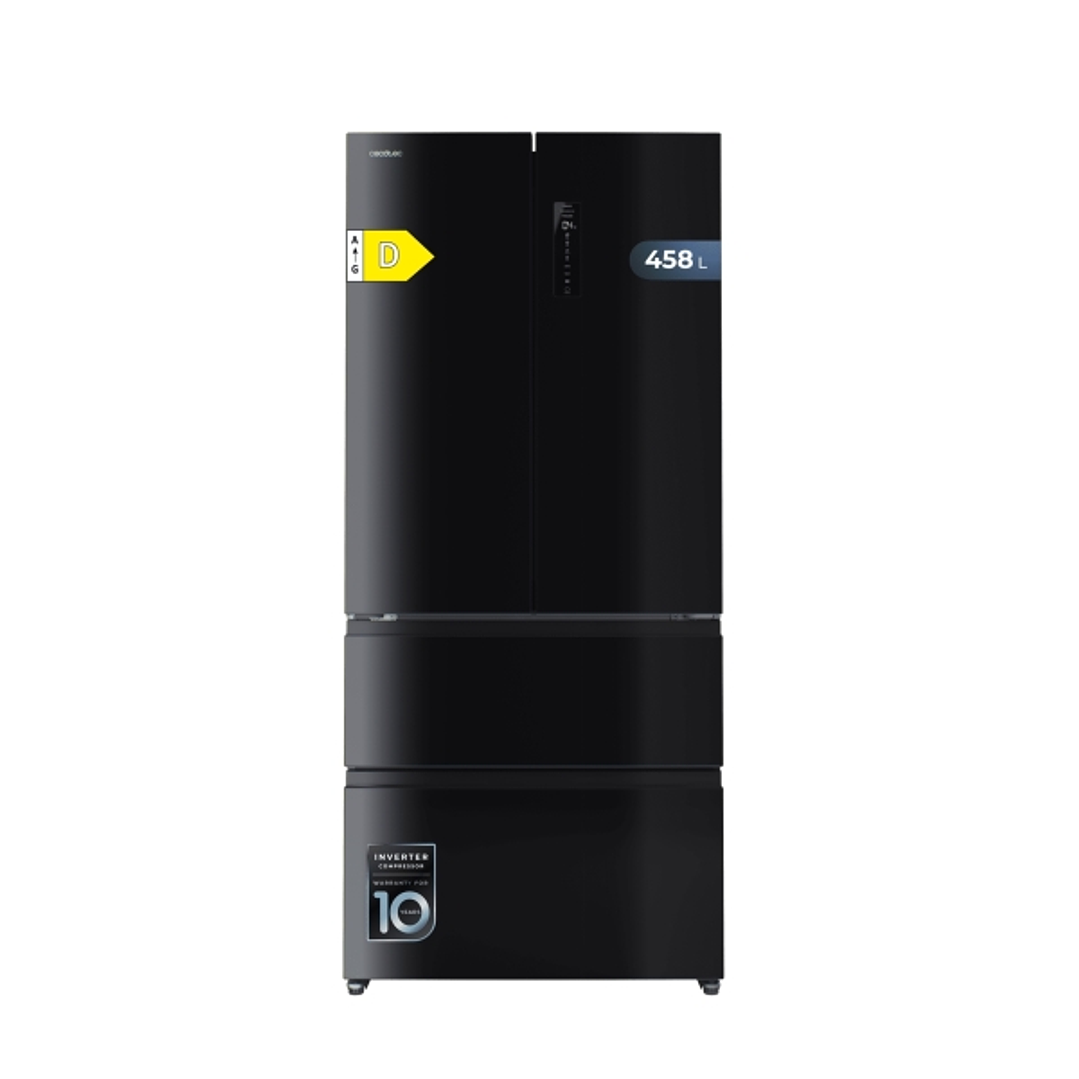 Cecotec Bolero CoolMarket F2D 458 SBI Black Glass D Frigorifico Puerta Francesa de 4 Puertas - Capacidad 458L - Silencioso 37dB - Compresor Inverter - 1