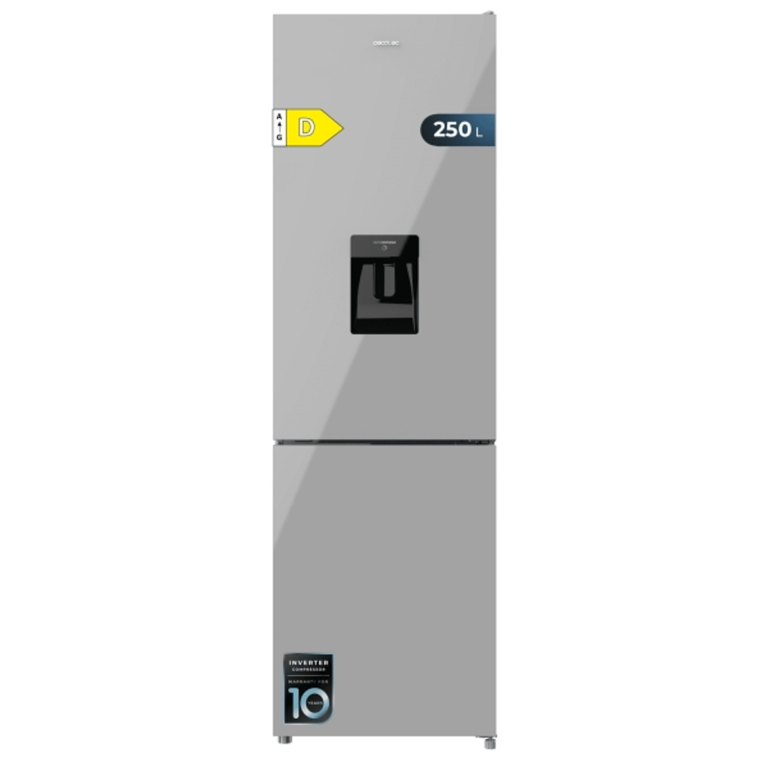 Cecotec Bolero CoolMarket Combi 250 WD Grey Glass D Frigorifico Combi - 250L - Compresor Inverter - Dispensador de Agua - Frio Envolvente - Cajon Hume 1