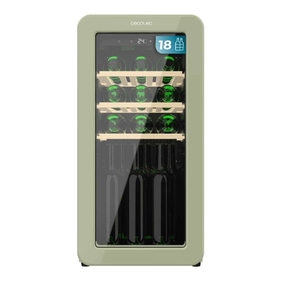 Cecotec Bolero GrandSommelier Origin 18 Hit Green Vinoteca 18 Botellas - Luz LED - Temperatura Regulable - Estilo Retro - Compresor Integrado - Ventil 1