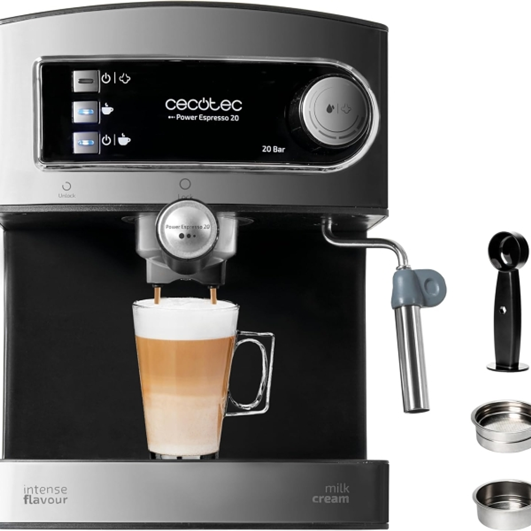 Cecotec Cafetera Power Espresso 20 Cafetera Expresso Manual - 850W - Calientatazas - Presion 20Bar - Valvula de Seguridad - Acero Inoxidable - Apagado 1