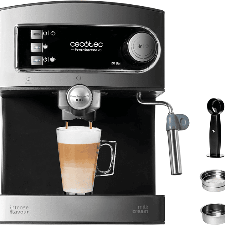 Cecotec Cafetera Power Espresso 20 Cafetera Expresso Manual - 850W - Calientatazas - Presion 20Bar - Valvula de Seguridad - Acero Inoxidable - Apagado 1
