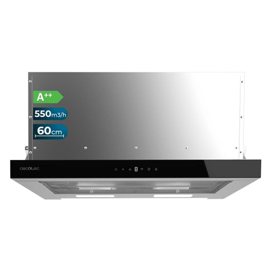 Cecotec Bolero Flux TLT 605500 Glass Black A++ Campana Extractora Telescopica de 60cm - 70W - Succion 550m3/h - Luz LED - Pantalla LED - Incluye Acces 1