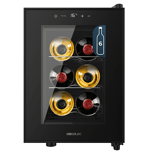 Cecotec Bolero GrandSommelier 600 CoolCrystal Vinoteca para 6 Botellas - Silencioso 35dB - Luz LED - Pantalla LED - Temperatura Regulable - Control Ta