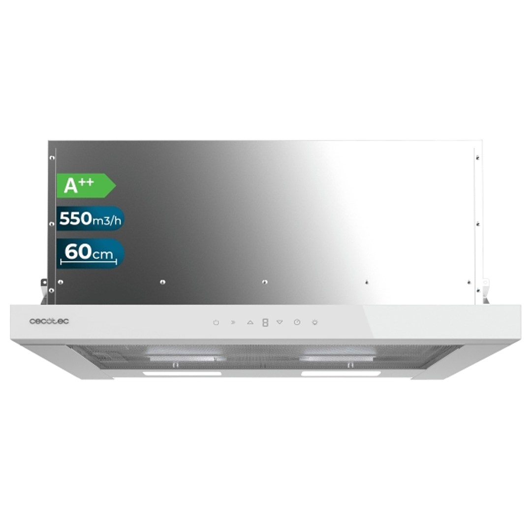 Cecotec Bolero Flux TLT 605500 Glass White A++ Campana Extractora Telescopica de 60cm - 70W - Succion 550m3/h - Luz LED - Pantalla LED - Incluye Acces 1